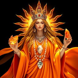 The Goddess of The Sun radiates warmth and light, draped in an orange, flowing dress that glows like the morning sunrise