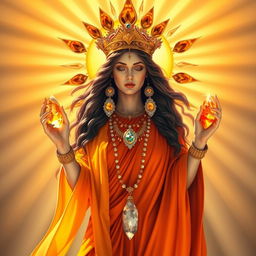 The Goddess of The Sun radiates warmth and light, draped in an orange, flowing dress that glows like the morning sunrise