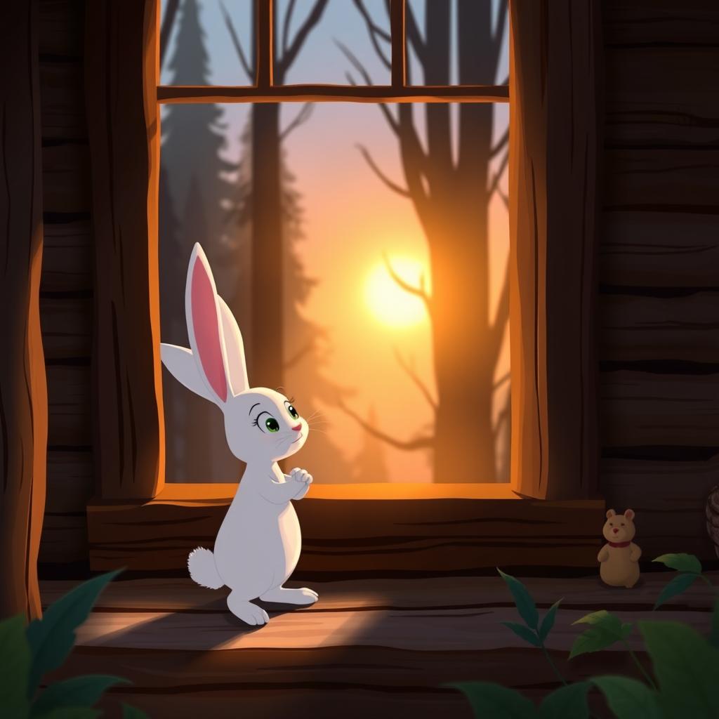 In the early morning, a small white rabbit stands at the window of a forest cabin, daydreaming, illustrated in Pixar's style