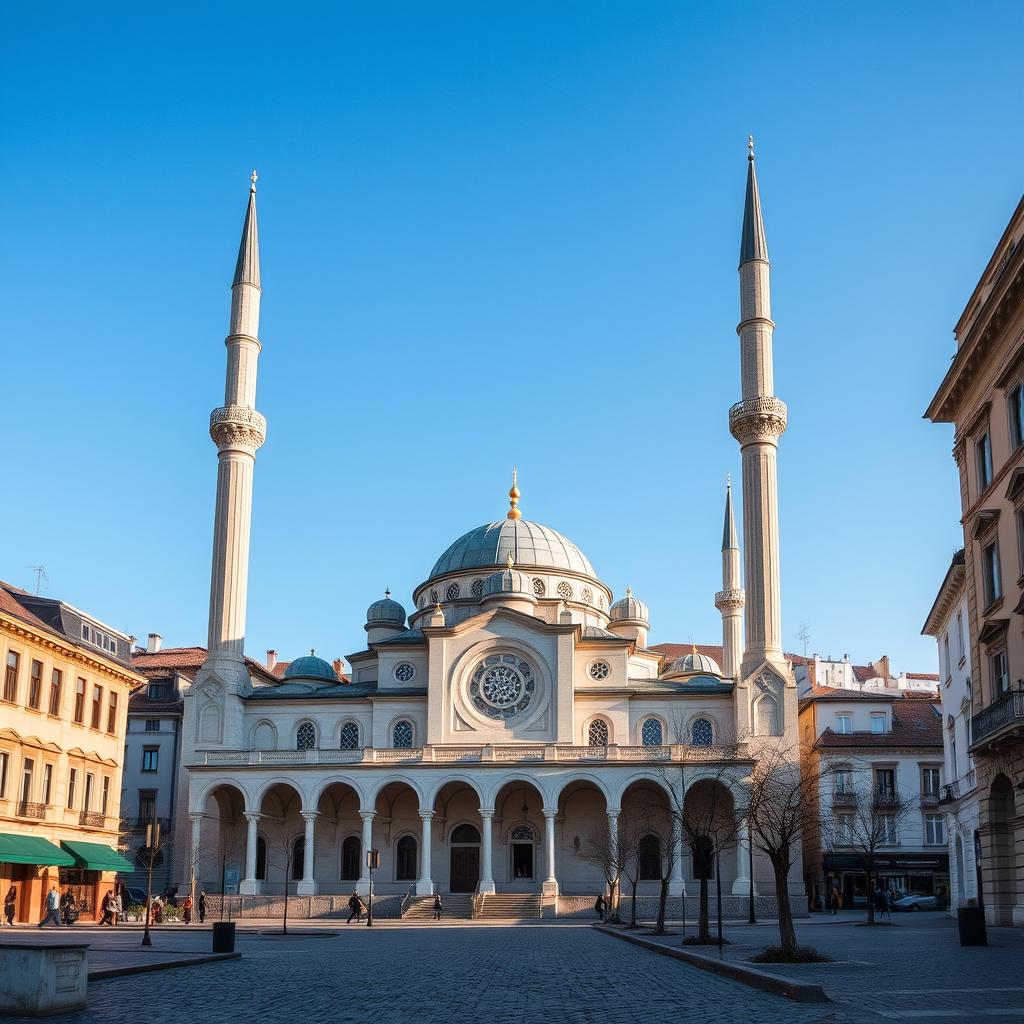 A stunning mosque in a city in Romania, capturing the essence of the country's blend of Eastern European and Islamic architecture