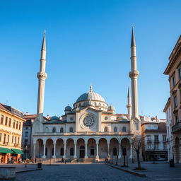 A stunning mosque in a city in Romania, capturing the essence of the country's blend of Eastern European and Islamic architecture