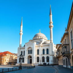 A stunning mosque in a city in Romania, capturing the essence of the country's blend of Eastern European and Islamic architecture