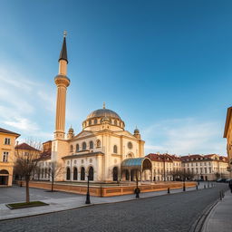 A stunning mosque in a city in Romania, capturing the essence of the country's blend of Eastern European and Islamic architecture