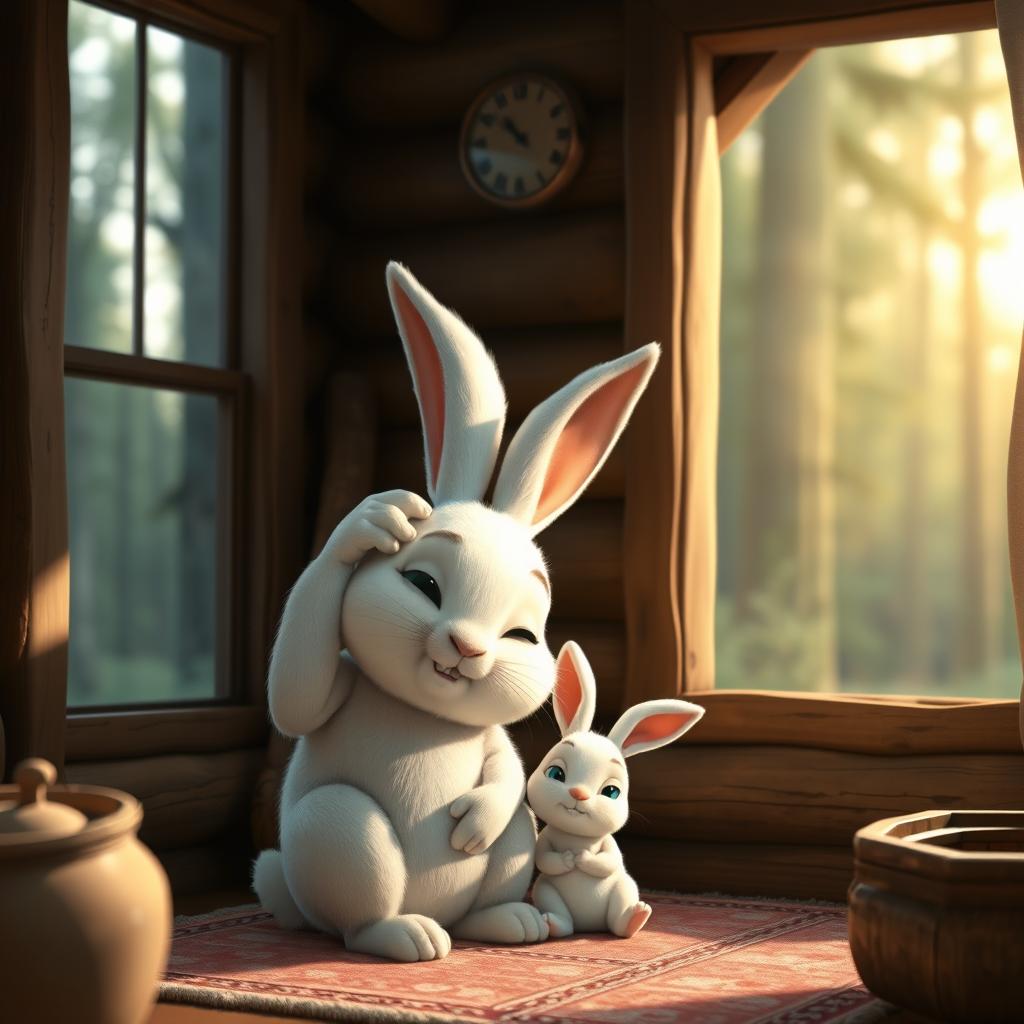 In the early morning, inside a forest cabin, a big white rabbit gently touches the head of a small white rabbit, portrayed in Pixar's style