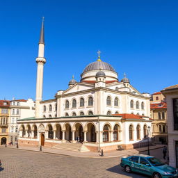 A stunning mosque in a city in Romania, capturing the essence of the country's blend of Eastern European and Islamic architecture