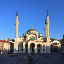 A stunning mosque in a city in Romania, capturing the essence of the country's blend of Eastern European and Islamic architecture