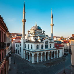 A stunning mosque in a city in Romania, capturing the essence of the country's blend of Eastern European and Islamic architecture