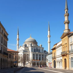 A stunning mosque in a city in Romania, capturing the essence of the country's blend of Eastern European and Islamic architecture