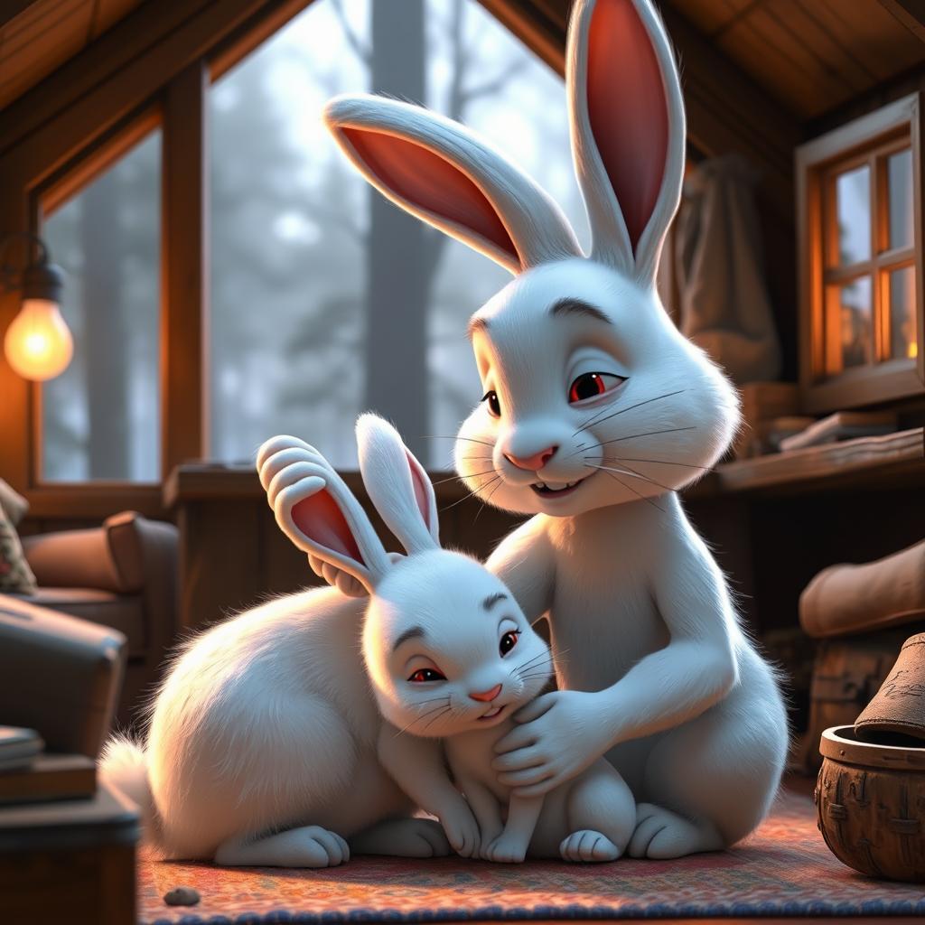 In the early morning, inside a forest cabin, a big white rabbit gently touches the head of a small white rabbit, portrayed in Pixar's style