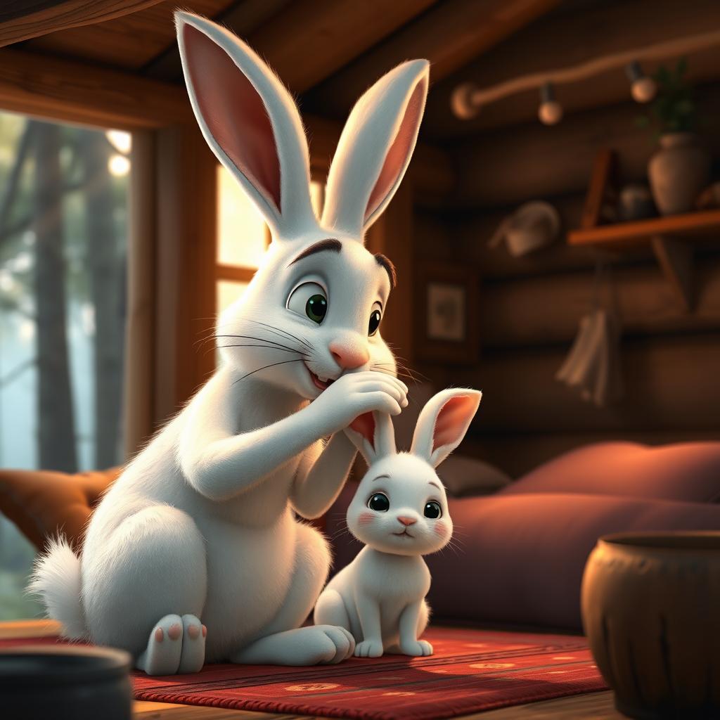 In the early morning, inside a forest cabin, a big white rabbit gently touches the head of a small white rabbit, depicted in Pixar's style
