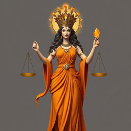 The Goddess of Judgement stands with regal authority, clad in an orange, flowing dress that symbolizes the balance of justice