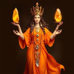 The Goddess of Judgement stands with regal authority, clad in an orange, flowing dress that symbolizes the balance of justice