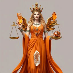 The Goddess of Judgement stands with regal authority, clad in an orange, flowing dress that symbolizes the balance of justice