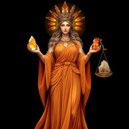 The Goddess of Judgement stands with regal authority, clad in an orange, flowing dress that symbolizes the balance of justice