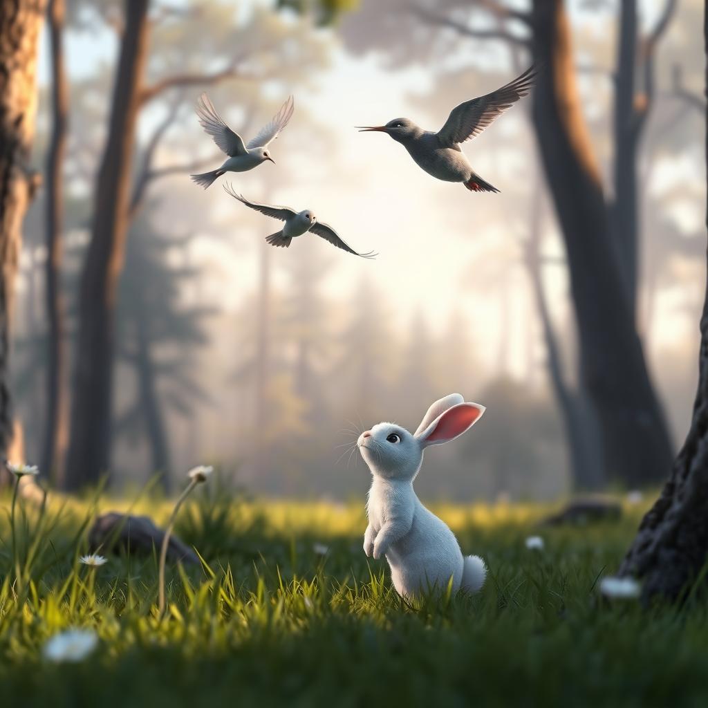In the early morning, on a forest meadow, a small white rabbit looks up at a grey small bird and a grey large bird soaring in the sky, depicted in Pixar's style