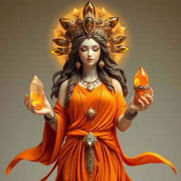 The Goddess of Awakening exudes vibrant energy, adorned in an orange flowing dress that captures the essence of dawn and renewal