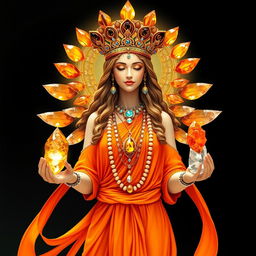 The Goddess of Awakening exudes vibrant energy, adorned in an orange flowing dress that captures the essence of dawn and renewal