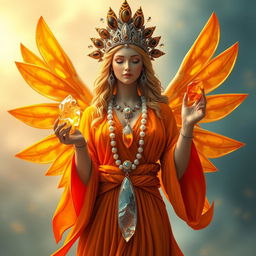 The Goddess of Awakening exudes vibrant energy, adorned in an orange flowing dress that captures the essence of dawn and renewal