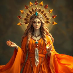 The Goddess of Awakening exudes vibrant energy, adorned in an orange flowing dress that captures the essence of dawn and renewal