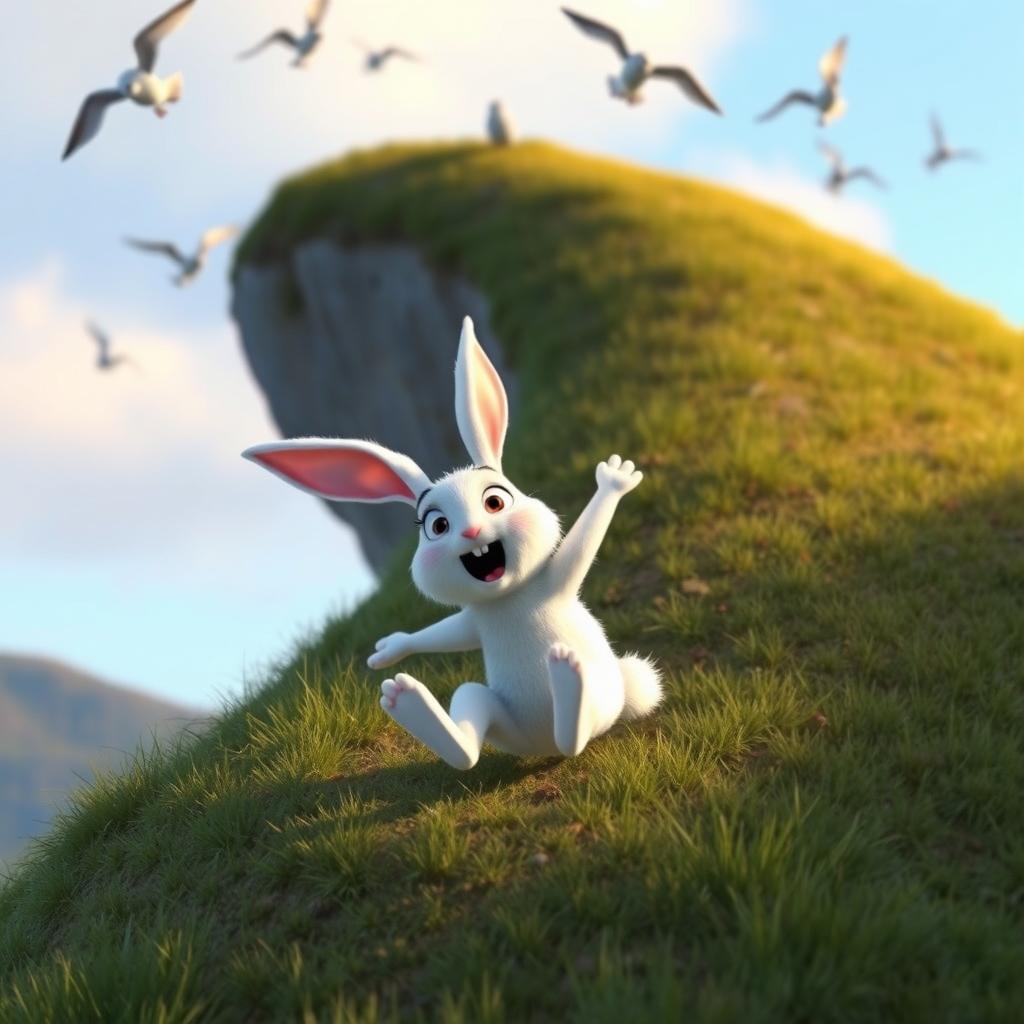 In the early morning, a small white rabbit tumbles down a hillside, depicted in Pixar's style