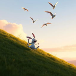 In the early morning, a small white rabbit tumbles down a hillside, depicted in Pixar's style