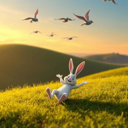 In the early morning, a small white rabbit tumbles down a hillside, depicted in Pixar's style