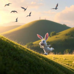 In the early morning, a small white rabbit tumbles down a hillside, depicted in Pixar's style