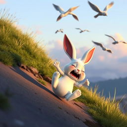 In the early morning, a small white rabbit painfully lands on a hillside, depicted in Pixar's style