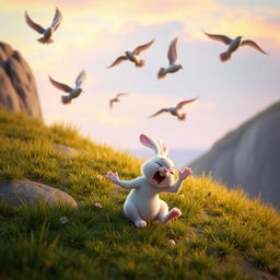 In the early morning, a small white rabbit painfully lands on a hillside, depicted in Pixar's style