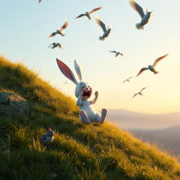 In the early morning, a small white rabbit painfully lands on a hillside, depicted in Pixar's style