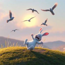 In the early morning, a small white rabbit painfully lands on a hillside, depicted in Pixar's style