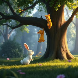 In the early morning, within a lush forest, a small white rabbit stands under a large tree, observing a yellow cat mother and her yellow kitten climbing the tree, styled in Pixar's animation