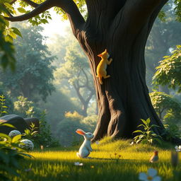 In the early morning, within a lush forest, a small white rabbit stands under a large tree, observing a yellow cat mother and her yellow kitten climbing the tree, styled in Pixar's animation