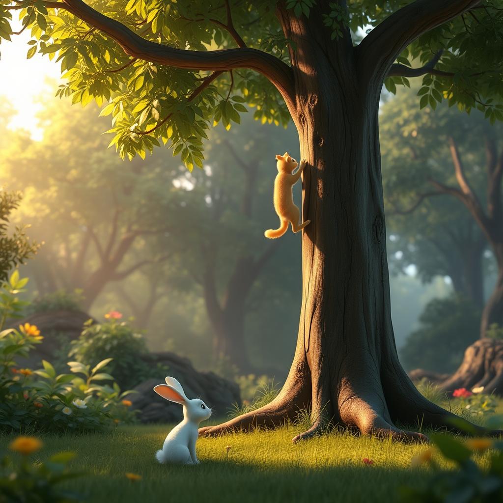 In the early morning, within a lush forest, a small white rabbit stands under a large tree, observing a yellow cat mother and her yellow kitten climbing the tree, styled in Pixar's animation