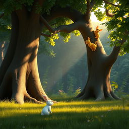 In the early morning, within a lush forest, a small white rabbit stands under a large tree, observing a yellow cat mother and her yellow kitten climbing the tree, styled in Pixar's animation