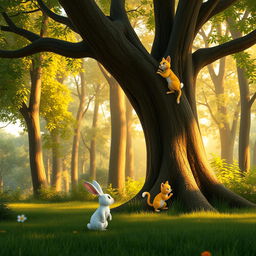 In the early morning, within a forest, a small white rabbit stands under a large tree, watching a yellow cat mother and a yellow kitten climbing the tree, depicted in Pixar's animation style