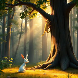 In the early morning, within a forest, a small white rabbit stands under a large tree, watching a yellow cat mother and a yellow kitten climbing the tree, depicted in Pixar's animation style