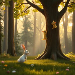 In the early morning, within a forest, a small white rabbit stands under a large tree, watching a yellow cat mother and a yellow kitten climbing the tree, depicted in Pixar's animation style