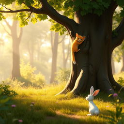 In the early morning, within a forest, a small white rabbit stands under a large tree, watching a yellow cat mother and a yellow kitten climbing the tree, depicted in Pixar's animation style