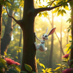 In the early morning forest, a small white rabbit is climbing a tree and is about to fall, depicted in Pixar's animation style