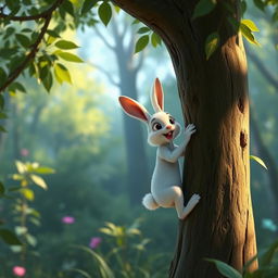 In the early morning forest, a small white rabbit is climbing a tree and is about to fall, depicted in Pixar's animation style