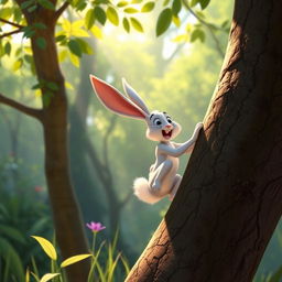 In the early morning forest, a small white rabbit is climbing a tree and is about to fall, depicted in Pixar's animation style