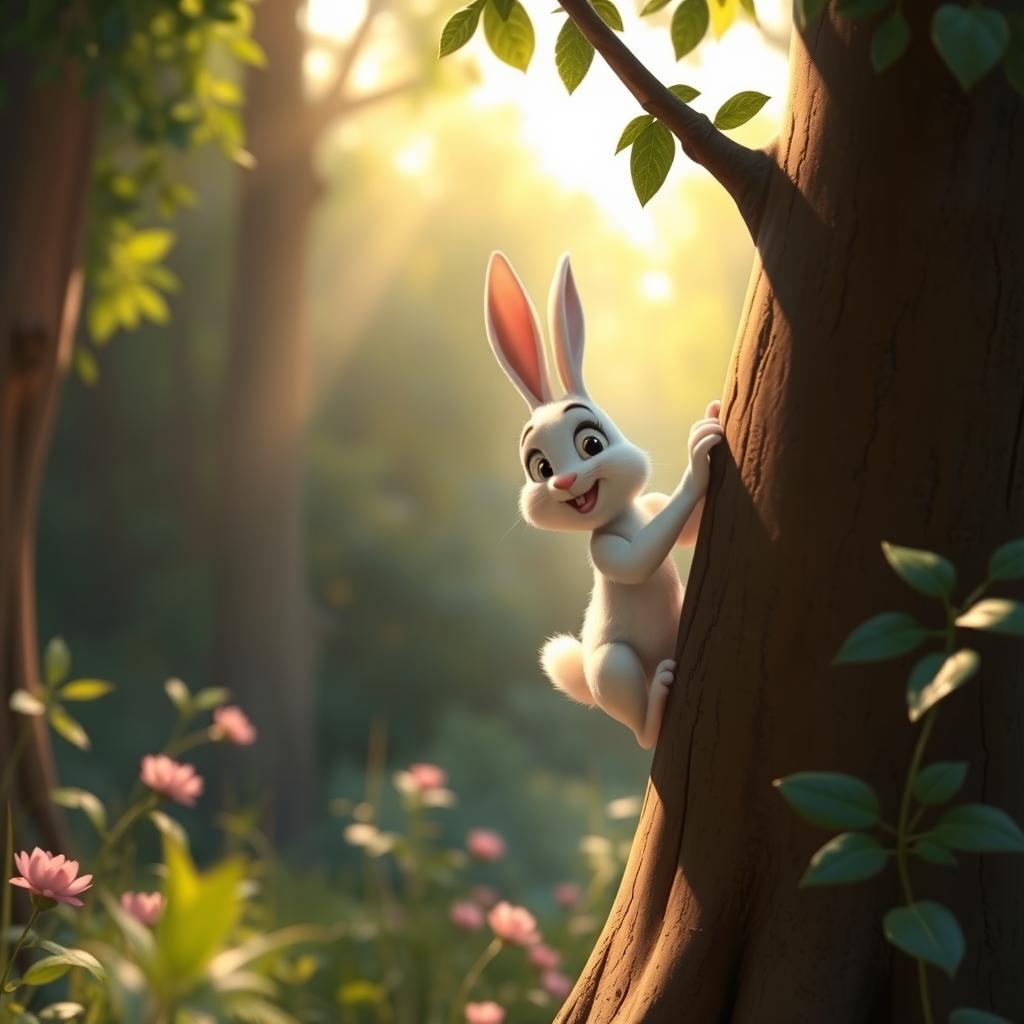 In the early morning forest, a small white rabbit is climbing a tree and is about to fall, depicted in Pixar's animation style