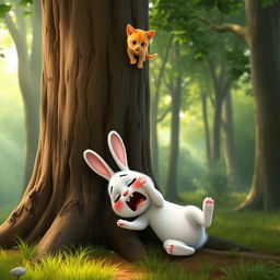 In the early morning forest, a small white rabbit lands heavily at the base of a large tree, with a visibly pained expression on its face, styled in Pixar animation