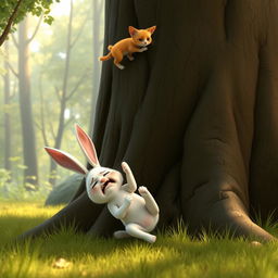 In the early morning forest, a small white rabbit lands heavily at the base of a large tree, with a visibly pained expression on its face, styled in Pixar animation