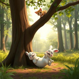 In the early morning forest, a small white rabbit lands heavily at the base of a large tree, with a visibly pained expression on its face, styled in Pixar animation