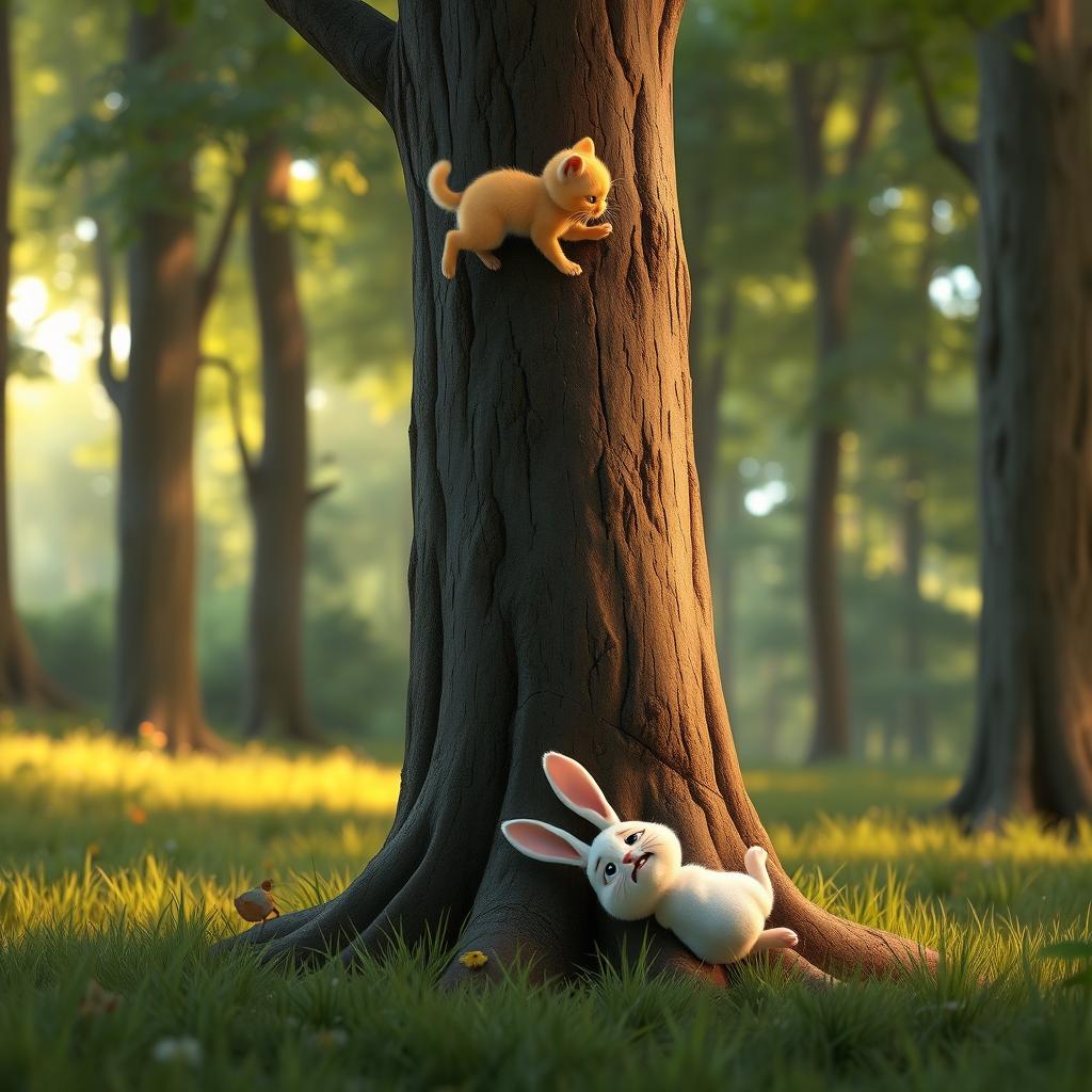 In the early morning forest, a small white rabbit lands heavily at the base of a large tree, with a visibly pained expression on its face, styled in Pixar animation