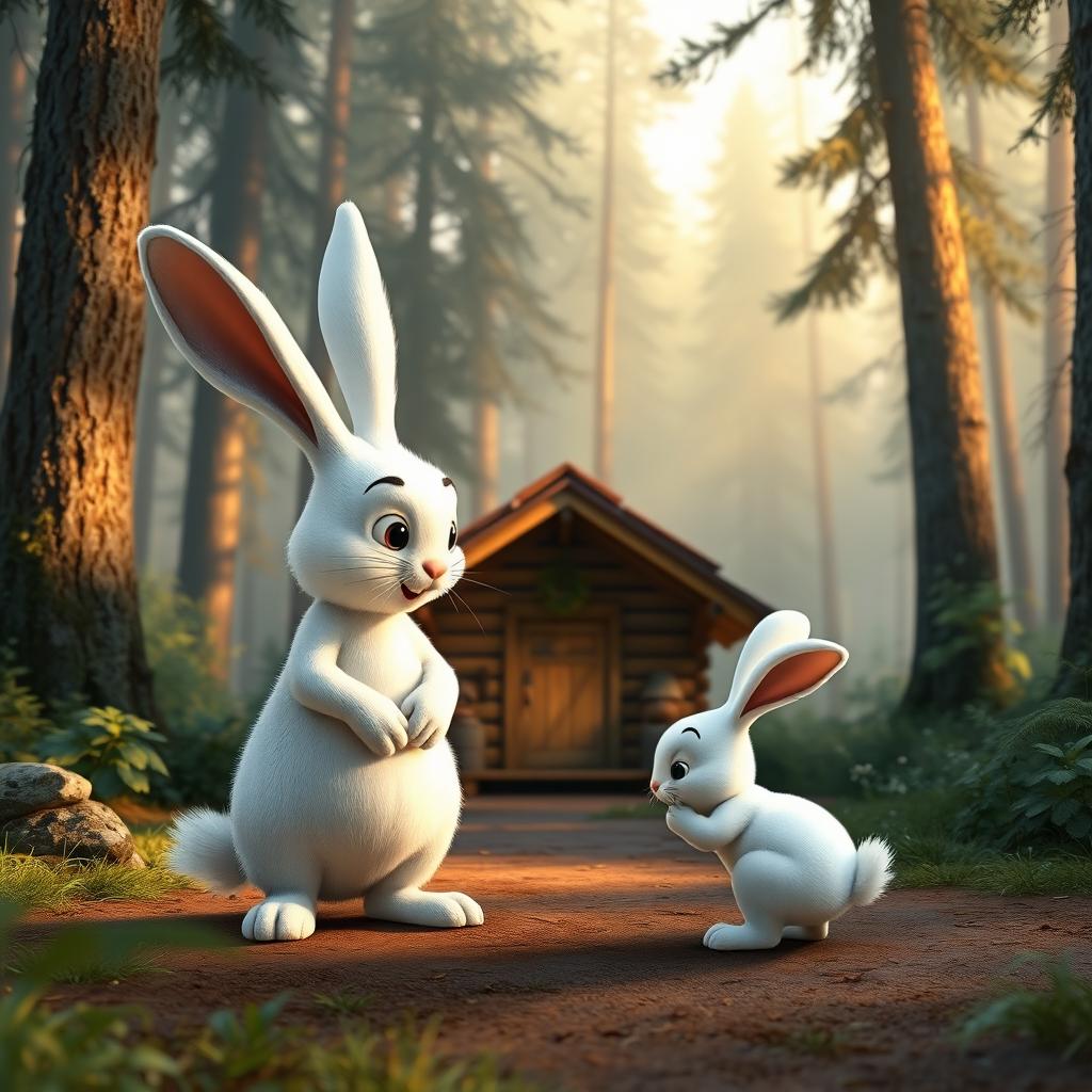 In the early morning, in front of a small wooden cabin in the forest, a large white rabbit greets a small white rabbit, depicted in Pixar's animation style