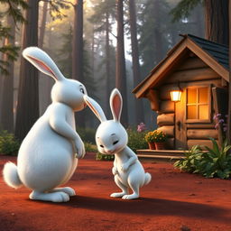 In the early morning, in front of a small wooden cabin in the forest, a large white rabbit greets a small white rabbit, depicted in Pixar's animation style