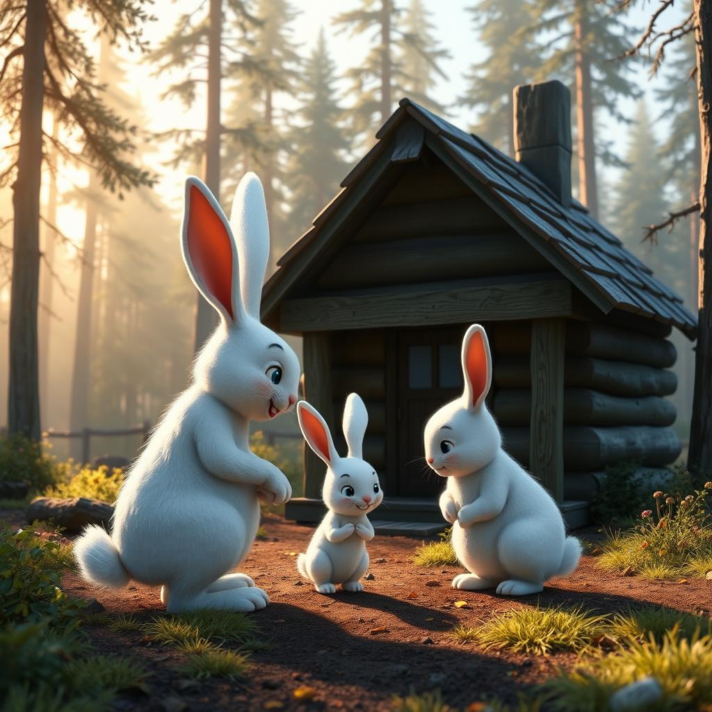 In the early morning, in front of a small wooden cabin in the forest, a large white rabbit greets a small white rabbit, depicted in Pixar's animation style